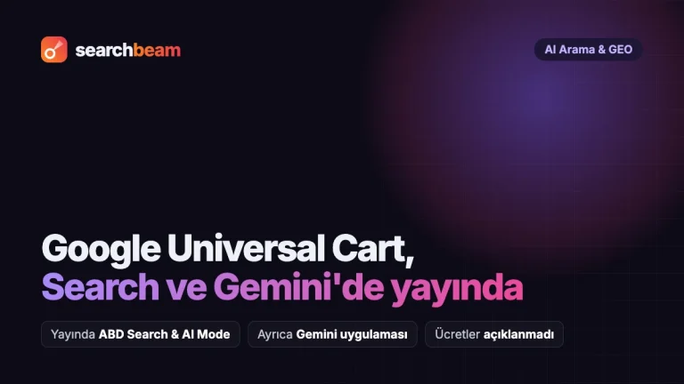 Searchbeam kapağı: Google Universal Cart, Search ve Gemini'de yayında. ABD'de Search ve AI Mode'da, Gemini uygulamasında; ücretler açıklanmadı.