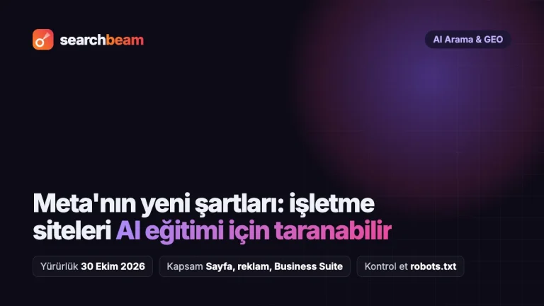 Searchbeam kapağı: Meta'nın yeni şartları, işletme sitelerinin AI eğitimi için taranmasına izin veriyor. Yürürlük 30 Ekim 2026.